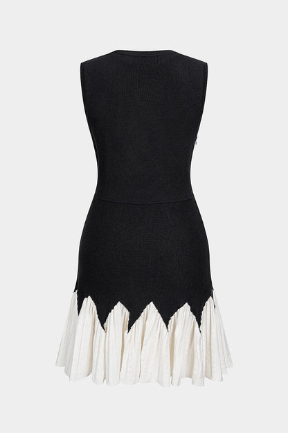 Noblessine Knit Round Neck Contrast Ruched Hem Sleeveless Mini Dress