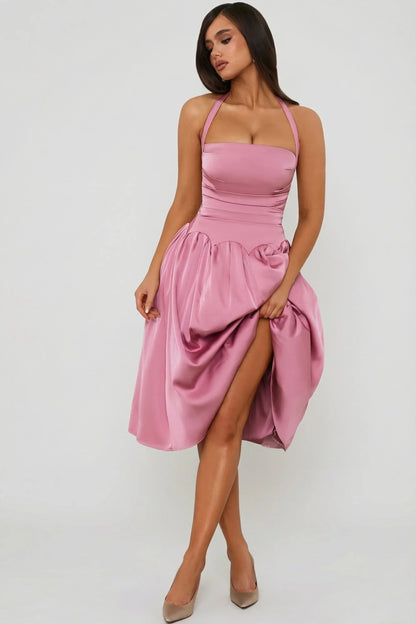 Noblessine Halterneck Lace-Up Ruched Corset Midi Dress in Mauve