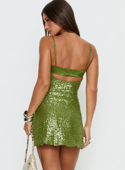 Noblessine Alishia Satin Sequin Mini Dress Green