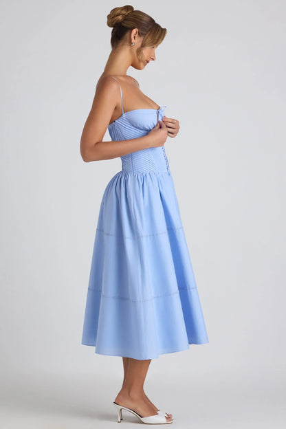 Noblessine-Lace-Trim Pintucked Poplin Midaxi Dress in Sky Blue
