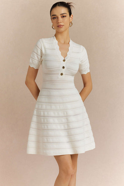 Noblessine V-Neck Cut Out Metallic Button Short Sleeve Mini Dress
