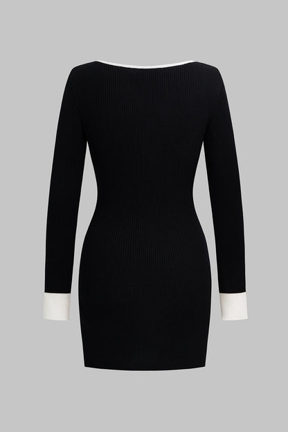 Noblessine Knit Contrast Square Neck Metallic Button Long Sleeve Mini Dress