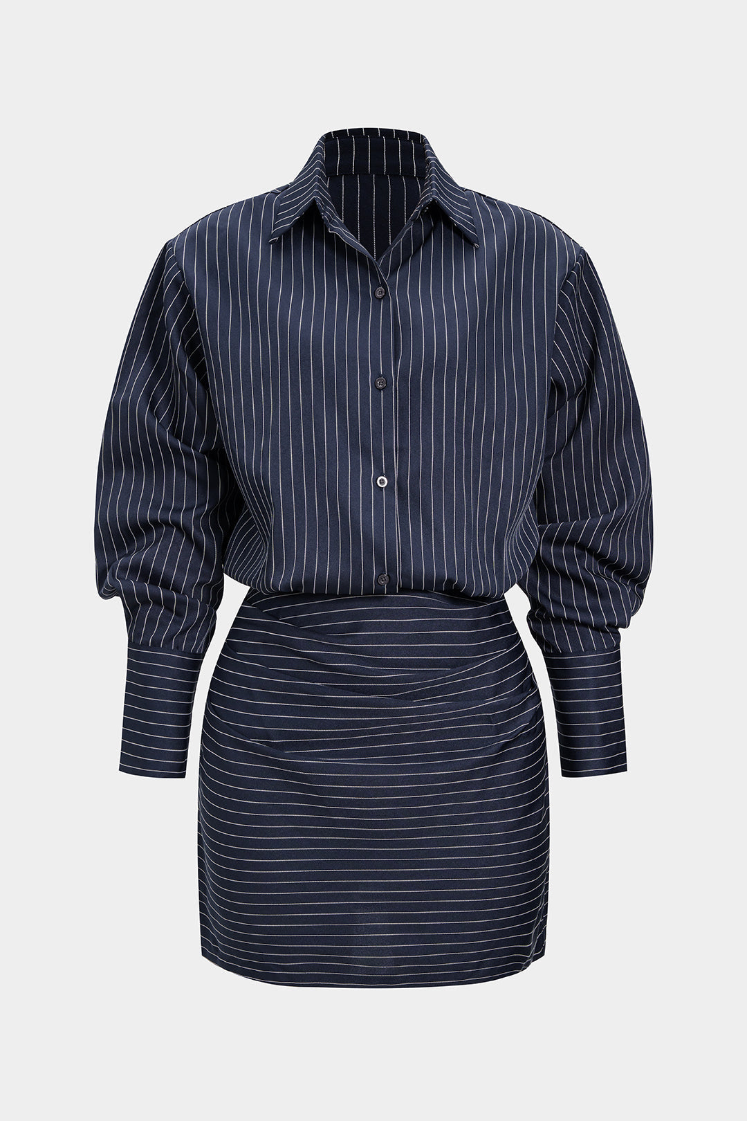 Noblessine Stripes Print Pleated Ruched Shoulder Pads Long Sleeve Mini Dress