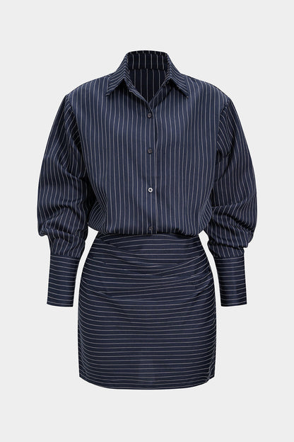 Noblessine Stripes Print Pleated Ruched Shoulder Pads Long Sleeve Mini Dress