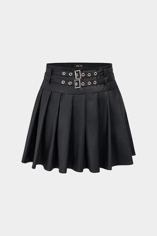 Noblessine Faux Leather Metallic Belted Mini Skirt