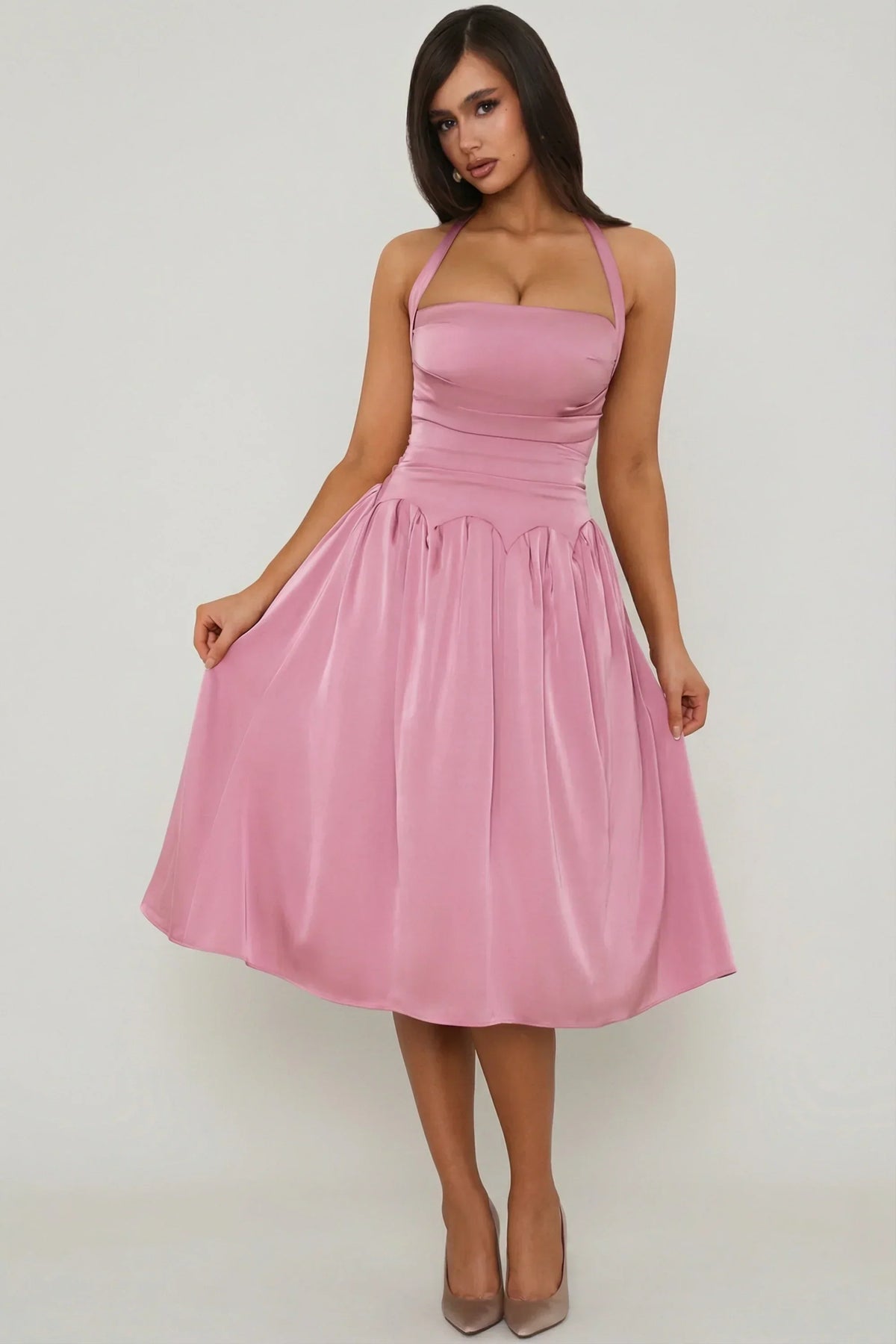 Noblessine Halterneck Lace-Up Ruched Corset Midi Dress in Mauve