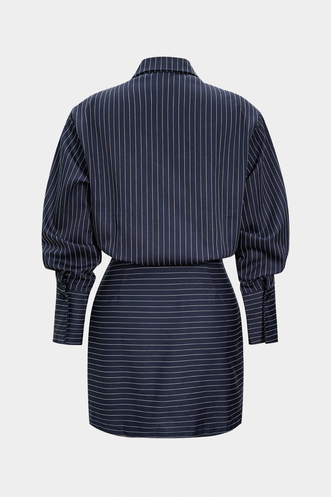 Noblessine Stripes Print Pleated Ruched Shoulder Pads Long Sleeve Mini Dress