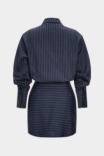 Noblessine Stripes Print Pleated Ruched Shoulder Pads Long Sleeve Mini Dress