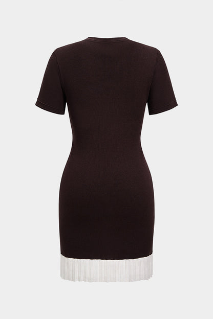 Noblessine Contrast Round Neck Metallic Button Short Sleeve Mini Dress