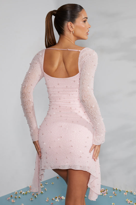 Long Sleeve Noblessine Cowl Neck Mini Dress in Blush