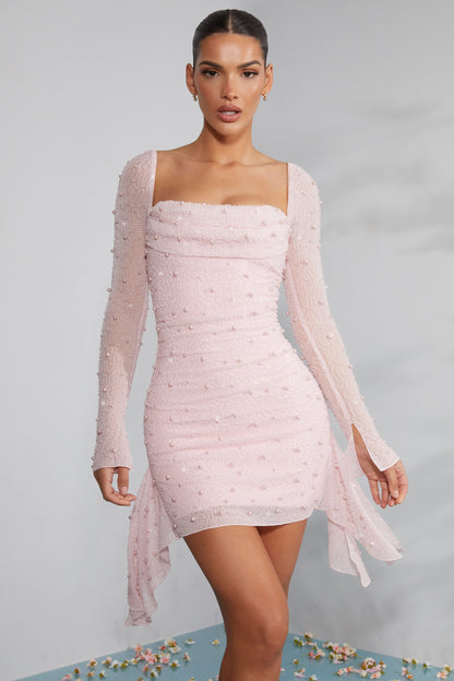 Long Sleeve Noblessine Cowl Neck Mini Dress in Blush