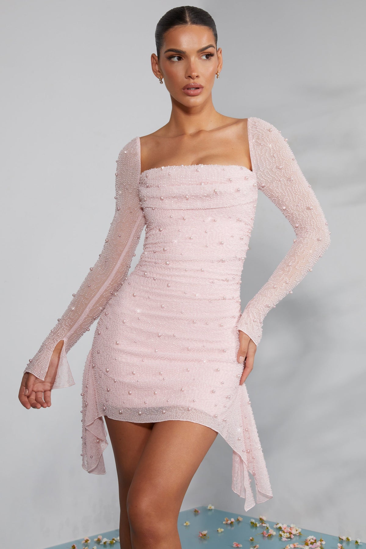 Long Sleeve Noblessine Cowl Neck Mini Dress in Blush