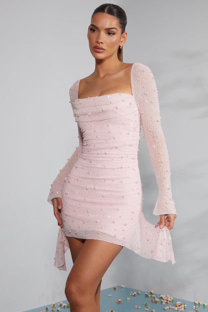 Long Sleeve Noblessine Cowl Neck Mini Dress in Blush