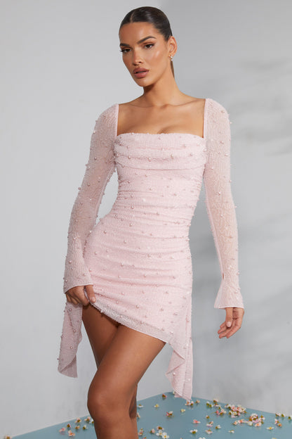 Long Sleeve Noblessine Cowl Neck Mini Dress in Blush