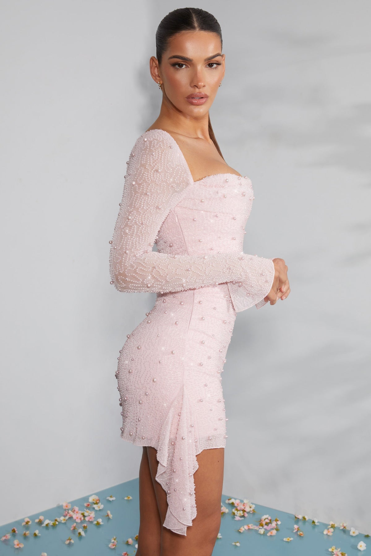 Long Sleeve Noblessine Cowl Neck Mini Dress in Blush