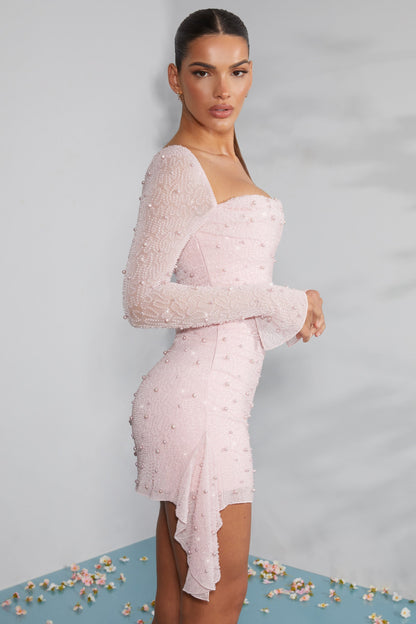 Long Sleeve Noblessine Cowl Neck Mini Dress in Blush