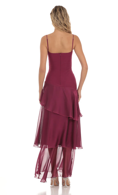 Noblessine Long Ruffle Maxi Dress in Plum