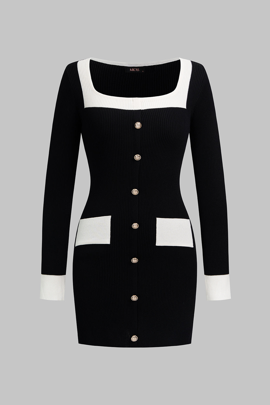 Noblessine Knit Contrast Square Neck Metallic Button Long Sleeve Mini Dress