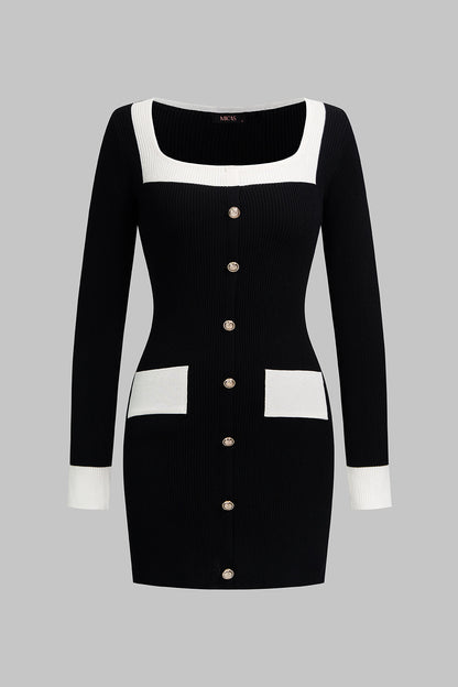 Noblessine Knit Contrast Square Neck Metallic Button Long Sleeve Mini Dress