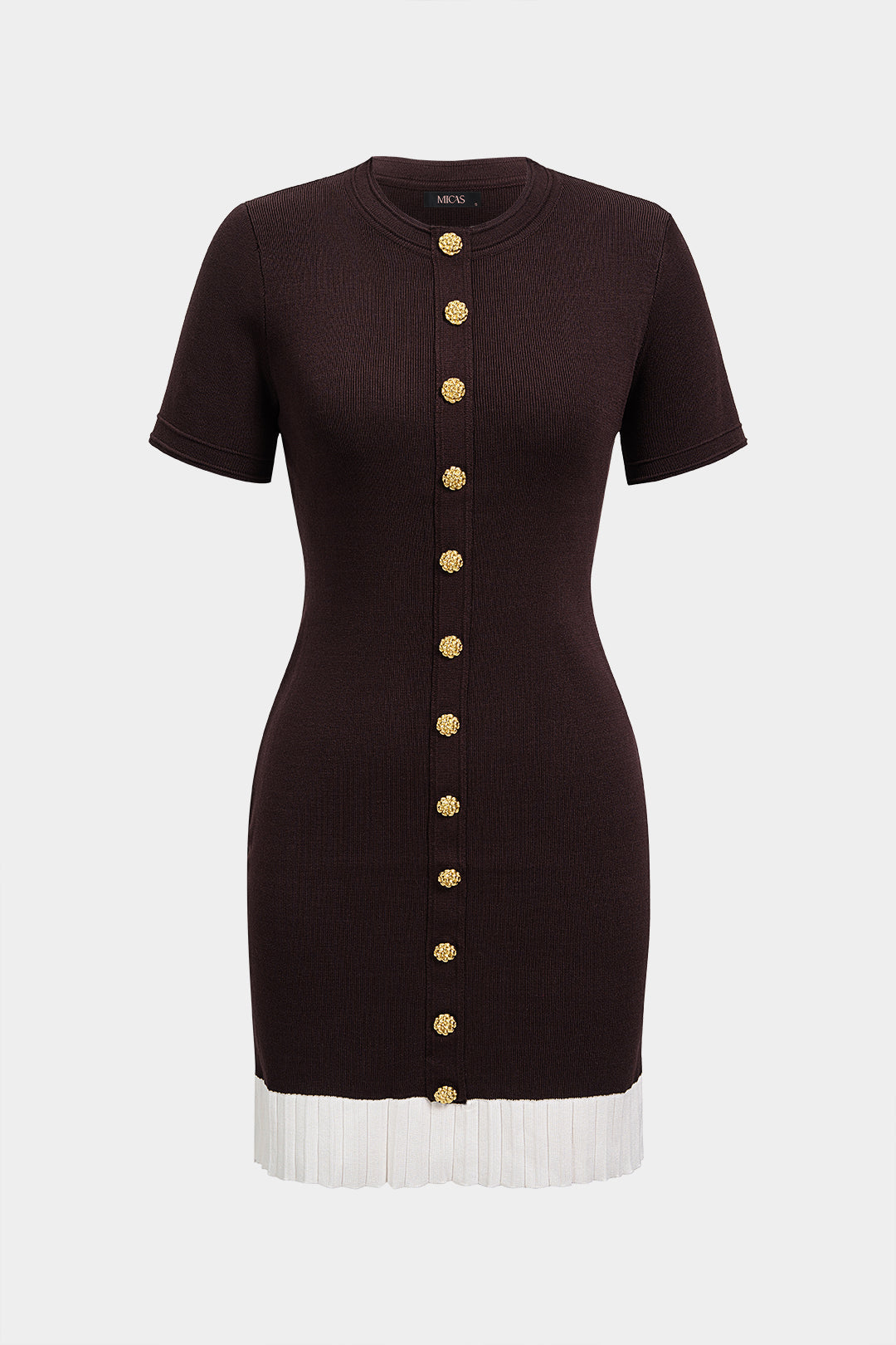 Noblessine Contrast Round Neck Metallic Button Short Sleeve Mini Dress