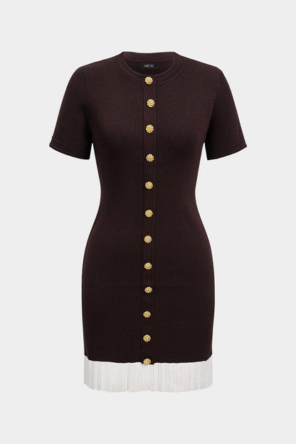 Noblessine Contrast Round Neck Metallic Button Short Sleeve Mini Dress