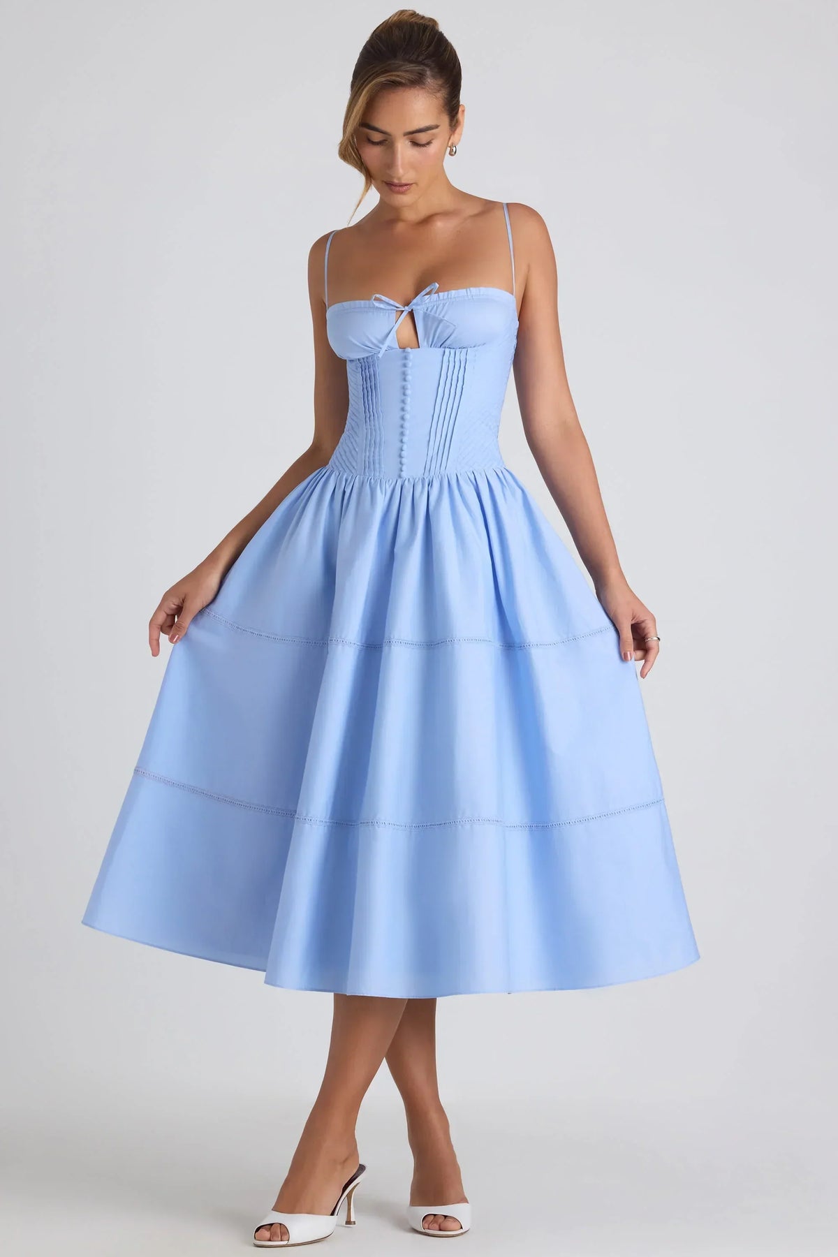 Noblessine-Lace-Trim Pintucked Poplin Midaxi Dress in Sky Blue