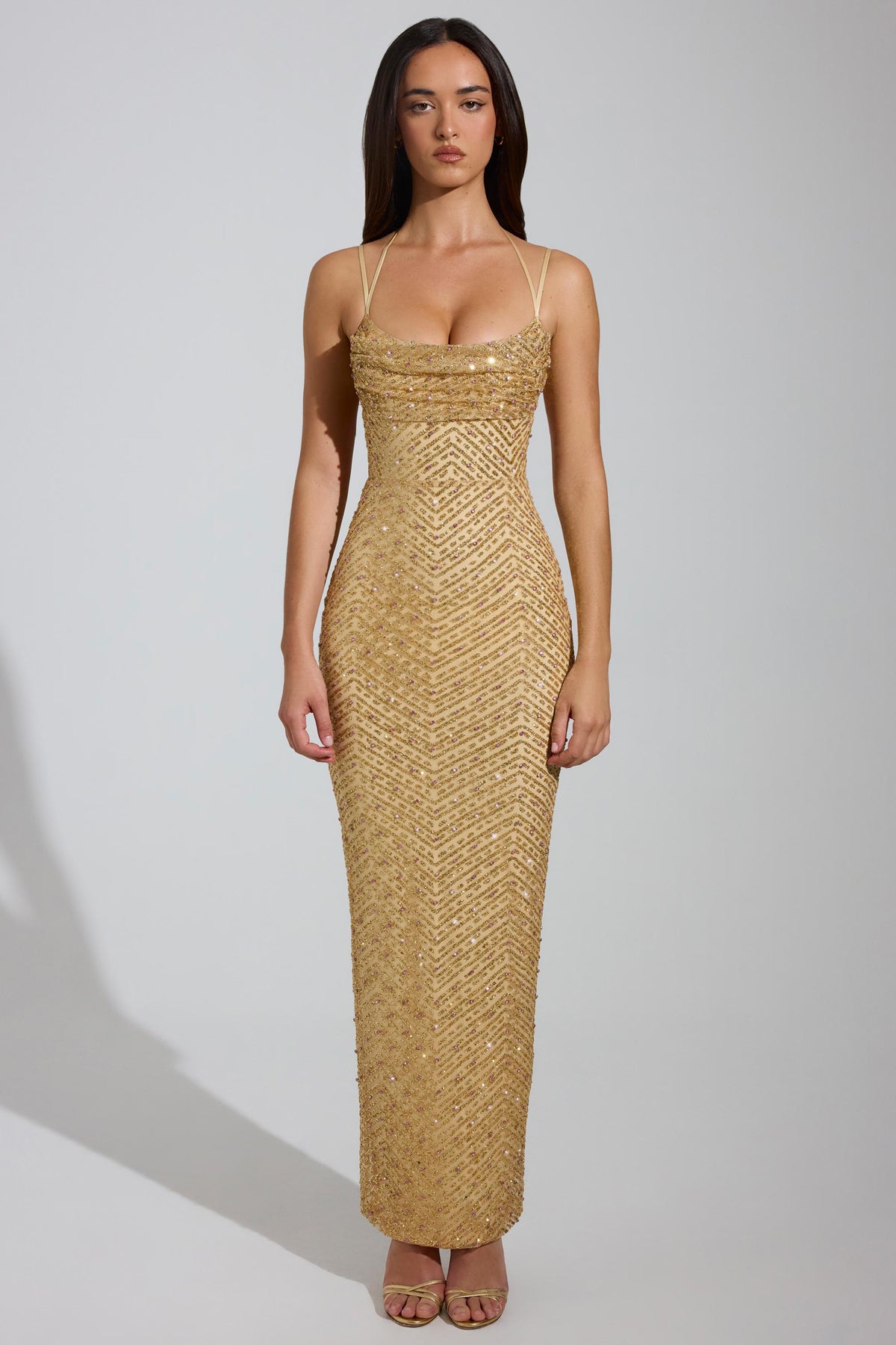 Noblessine Cowl-Neck Maxi Dress in Gold