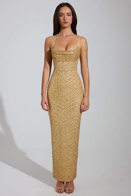 Noblessine Cowl-Neck Maxi Dress in Gold