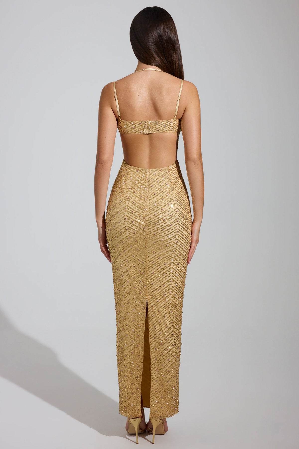 Noblessine Cowl-Neck Maxi Dress in Gold
