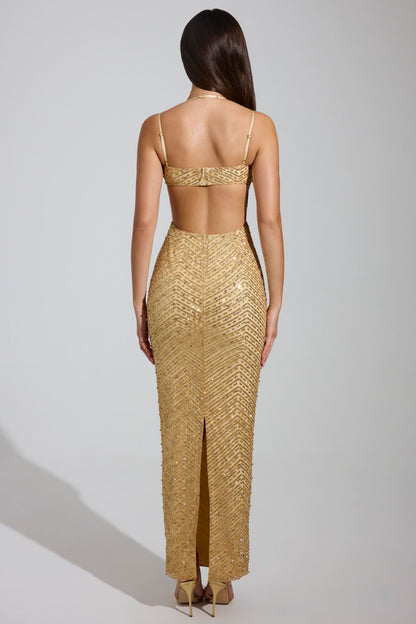 Noblessine Cowl-Neck Maxi Dress in Gold