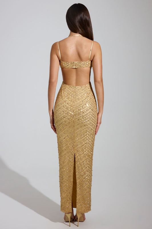 Noblessine Cowl-Neck Maxi Dress in Gold