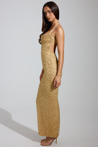 Noblessine Cowl-Neck Maxi Dress in Gold