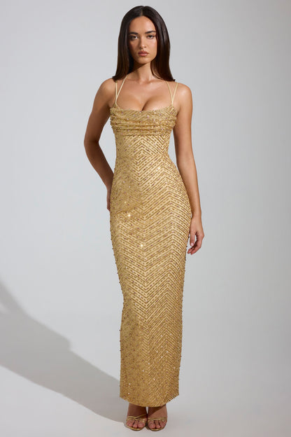 Noblessine Cowl-Neck Maxi Dress in Gold