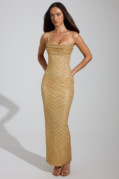 Noblessine Cowl-Neck Maxi Dress in Gold