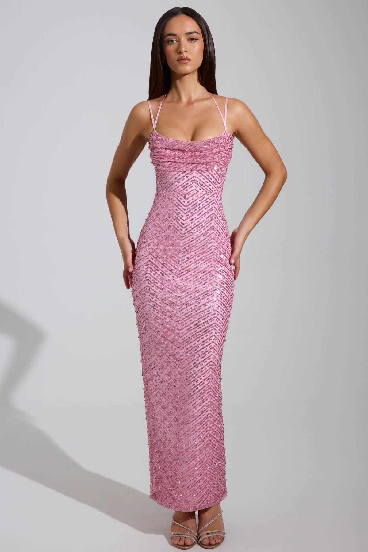 Noblessine Cowl-Neck Maxi Dress in Pink