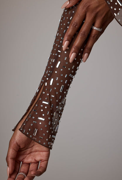 Sheer Noblessine Long Sleeve A-Line Mini Dress in Deep Cocoa