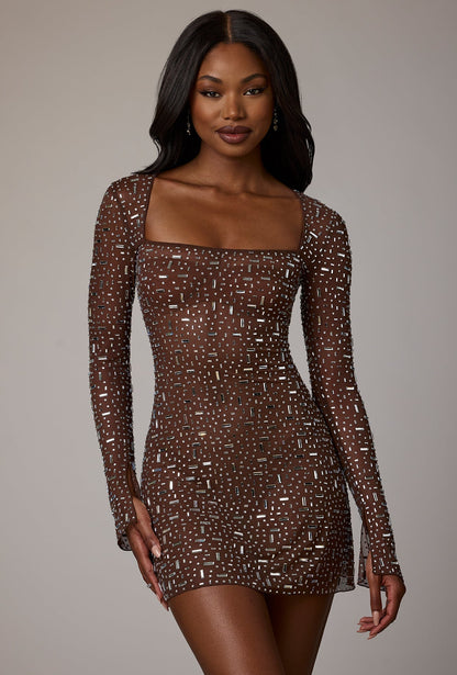 Sheer Noblessine Long Sleeve A-Line Mini Dress in Deep Cocoa