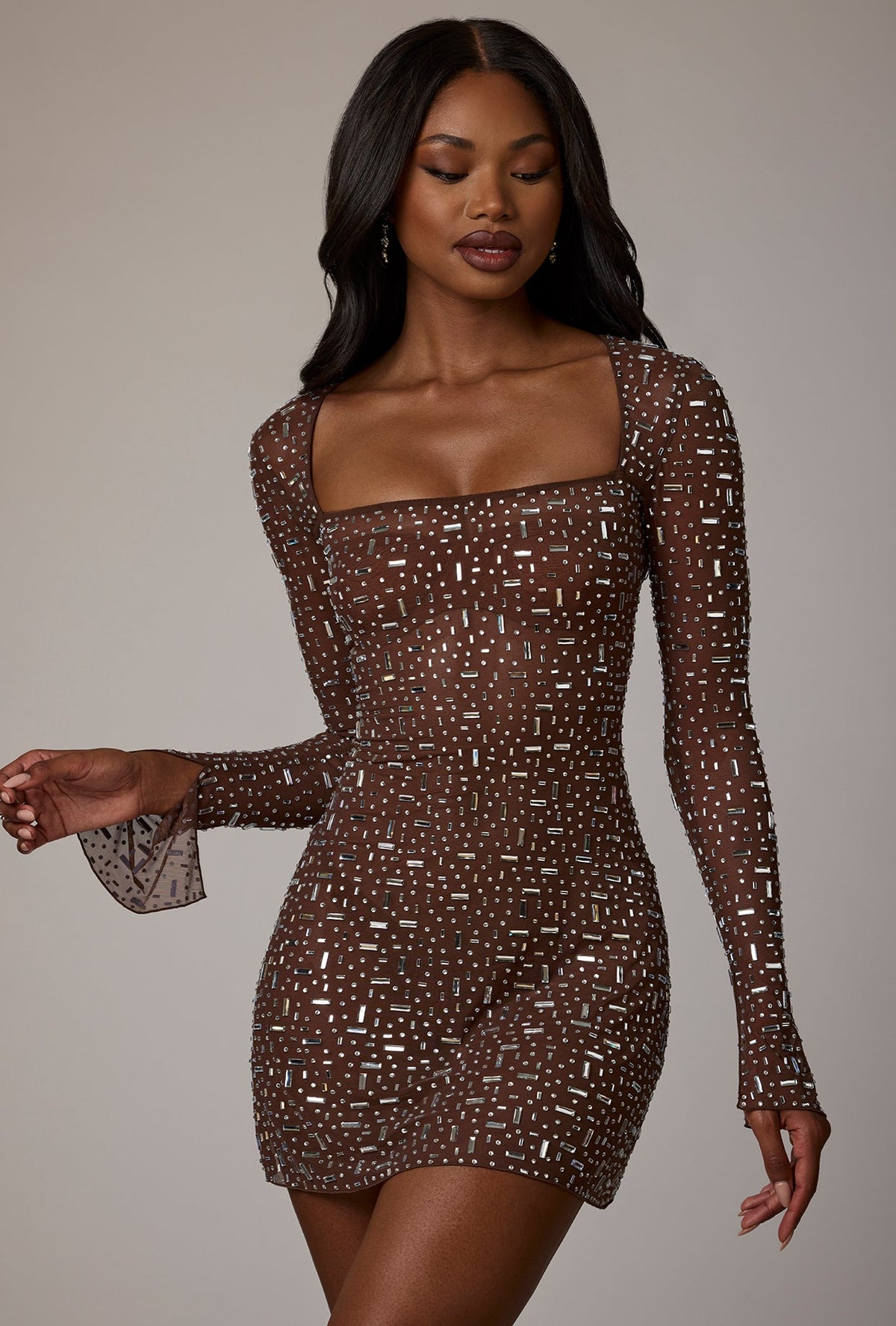 Sheer Noblessine Long Sleeve A-Line Mini Dress in Deep Cocoa