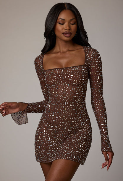 Sheer Noblessine Long Sleeve A-Line Mini Dress in Deep Cocoa