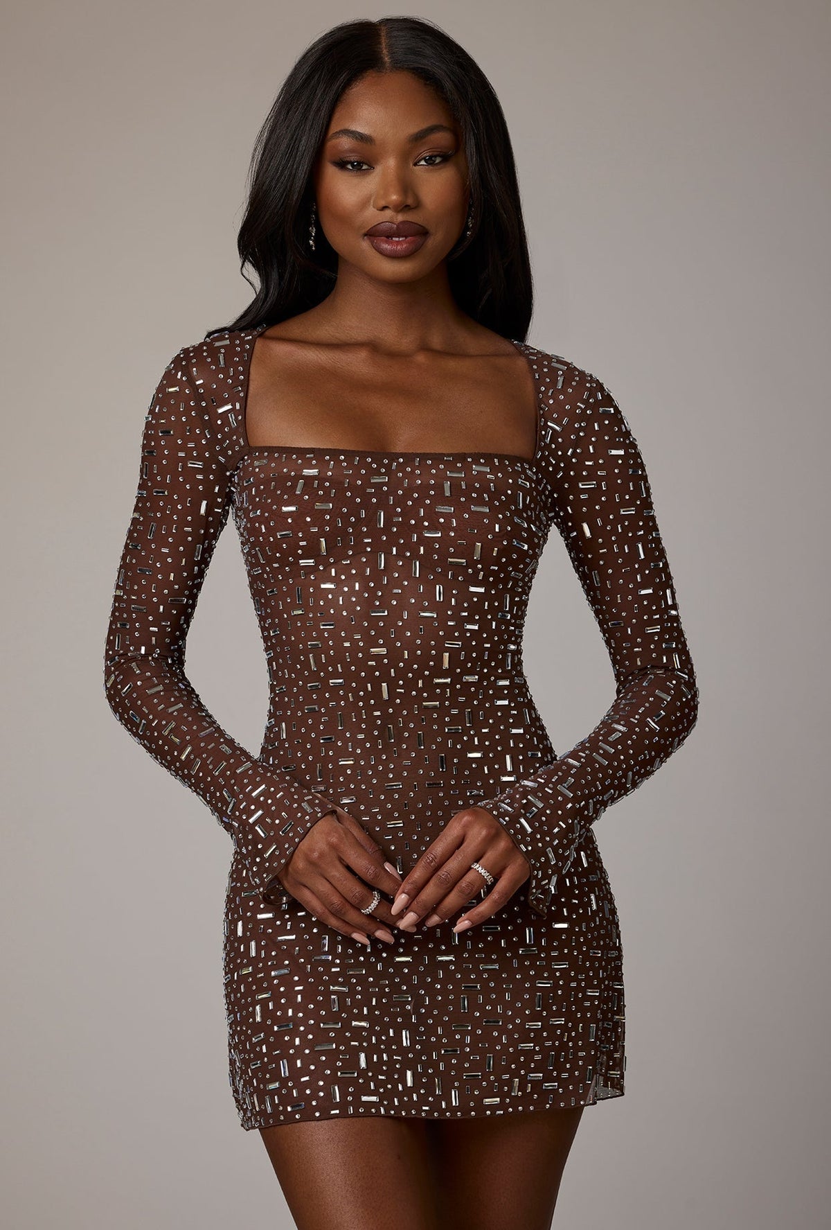 Sheer Noblessine Long Sleeve A-Line Mini Dress in Deep Cocoa