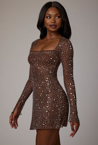 Sheer Noblessine Long Sleeve A-Line Mini Dress in Deep Cocoa