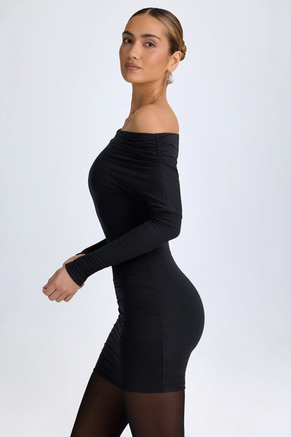 Noblessine Modal Off-Shoulder Ruched Mini Dress in Black