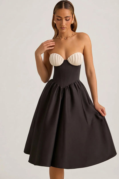 Strapless Corset Midi Dress in Black