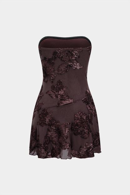 Noblessine Jacquard Patchwork 3D Floral Strapless Sleeveless Mini Dress
