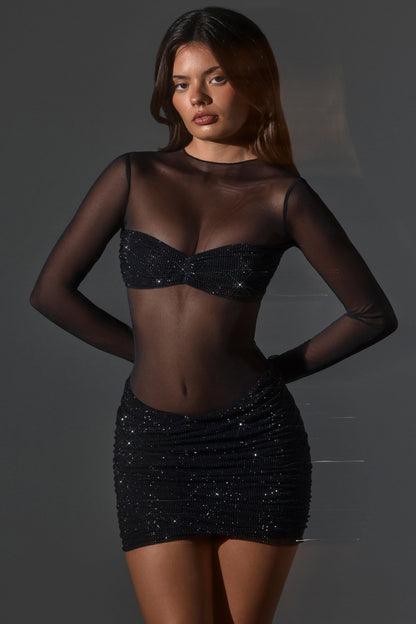 Sheer Noblessine High-Neck Long Sleeve Mini Dress in Black
