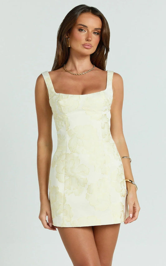 Noblessine Orla Mini Dress - Jacquard Scoop Neck Fitted Dress in Lemon