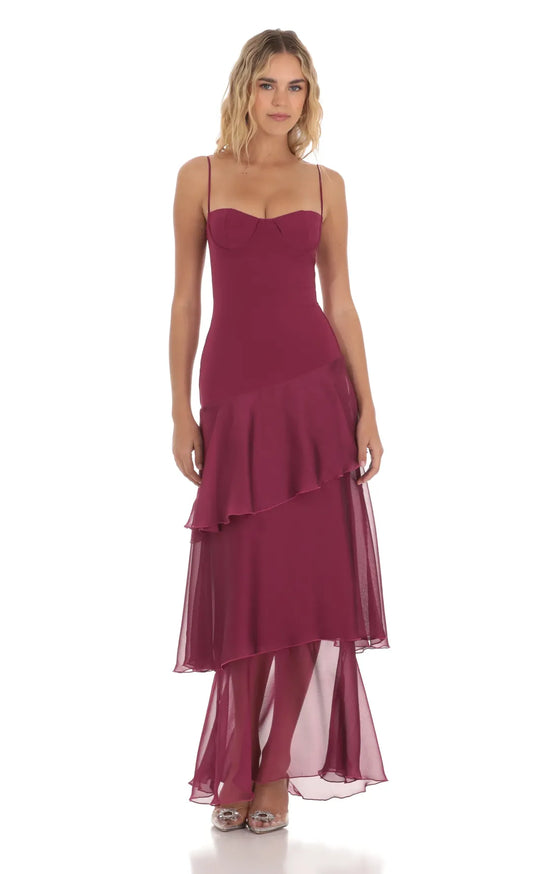 Noblessine Long Ruffle Maxi Dress in Plum