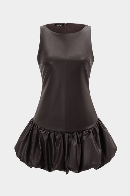 Noblessine Faux Leather Round Neck Ruched Hem Sleeveless Mini Dress