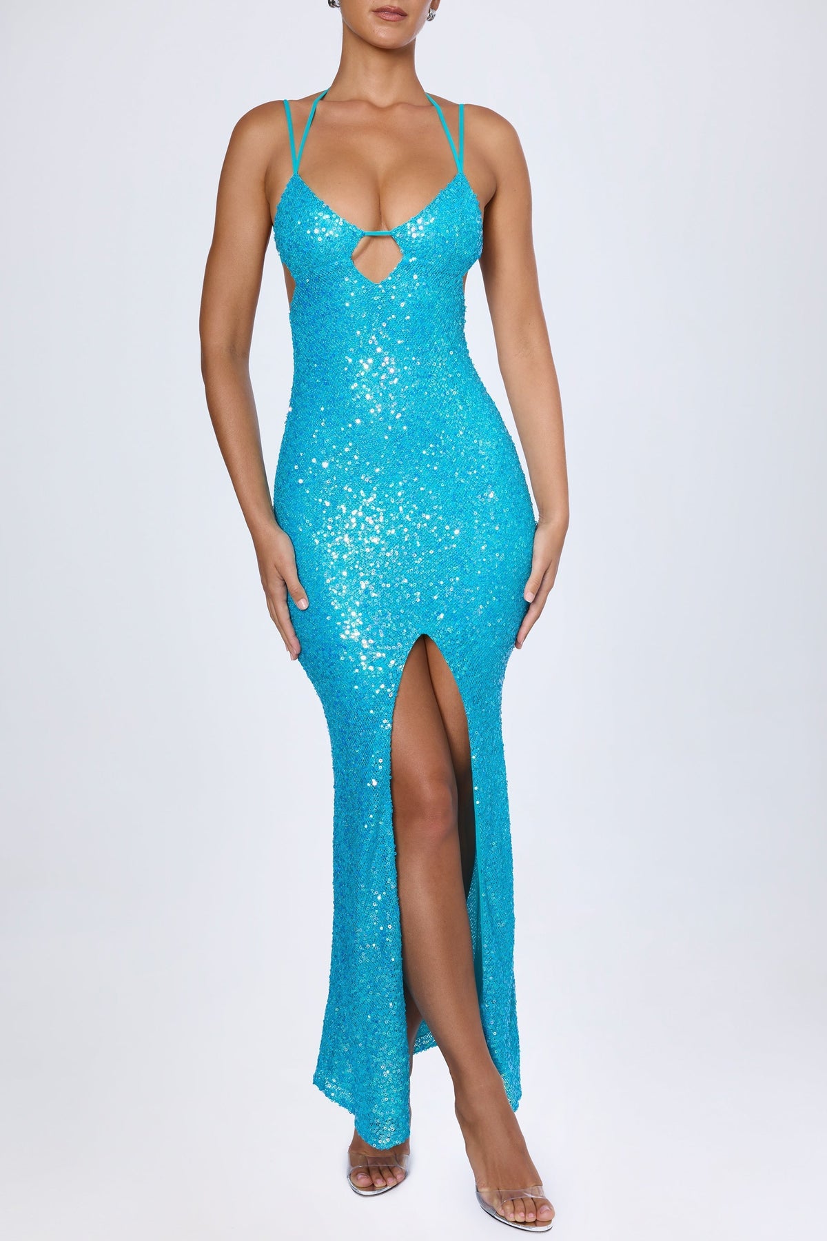Noblessine Cut-Out Halterneck Maxi Dress in Turquoise