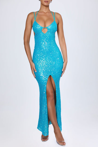 Noblessine Cut-Out Halterneck Maxi Dress in Turquoise